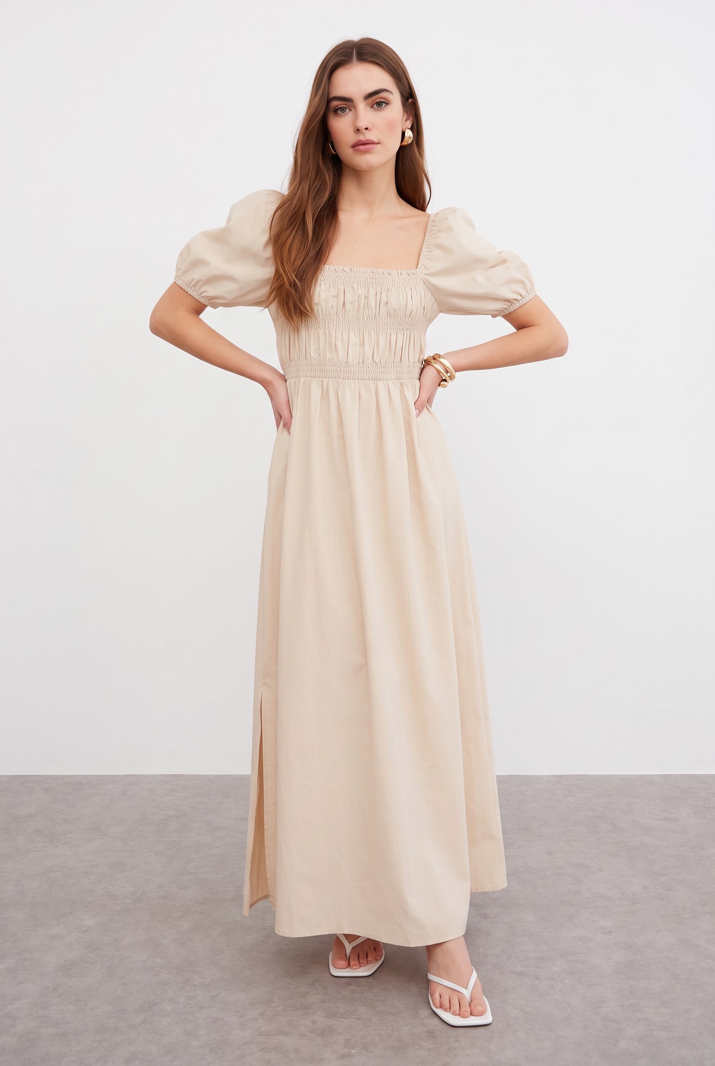 LINEN BLEND SHIRRED MAXI DRESS