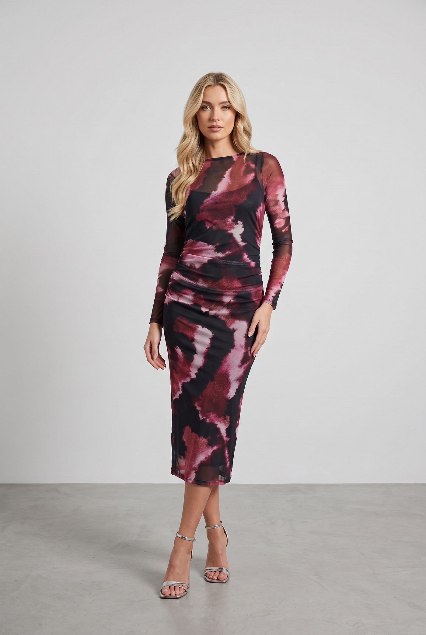 ABSTRACT MESH LONG SLEEVE RUCHED MIDI DRESS